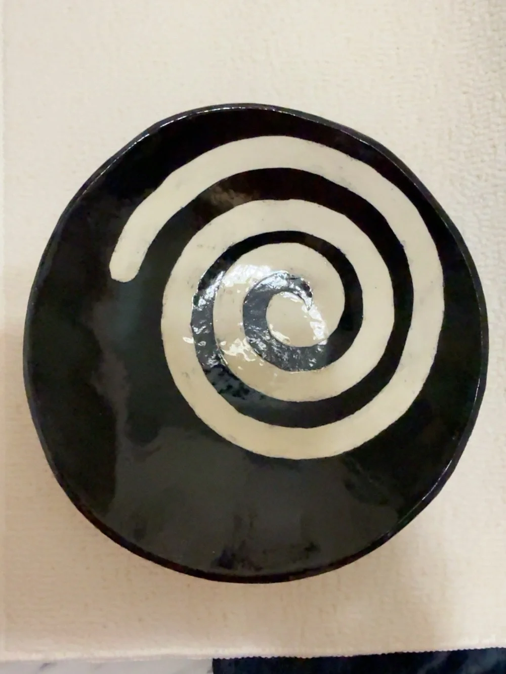 Handmade Ceramic Halloween Candy Bowl Black White Spiral Pottery 9”